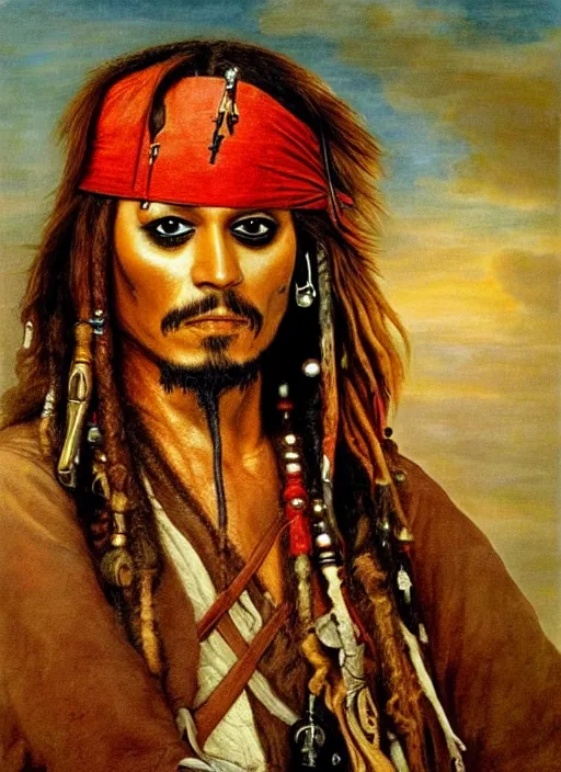 Prompt: Painting of Jack Sparrow. Art by Giuseppe Arcimboldo. During golden hour. Extremely detailed. Beautiful. 4K. Award winning.