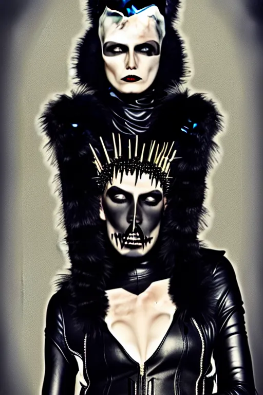 Image similar to a woman in a black leather outfit with spikes on her head, a high fashion character portrait by christen dalsgaard, featured on behance, gothic art, androgynous, genderless, gothic