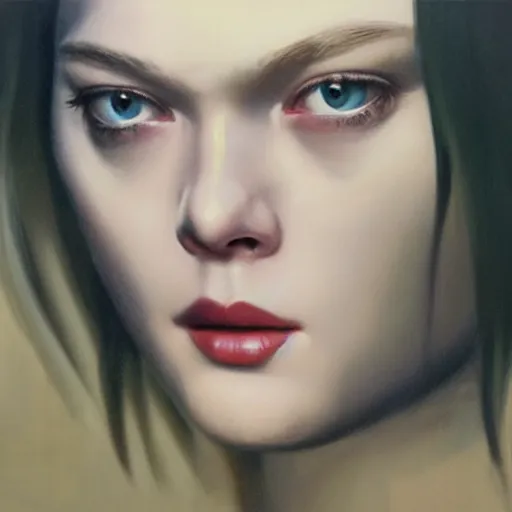 Image similar to ultra realistic portrait painting of elle fanning in ghost in the shell, art by frank frazetta, 4 k, ultra realistic, highly detailed, epic lighting