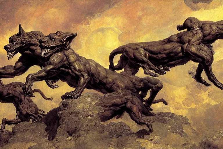 Image similar to hyperdetailed matte art of cerberus by william blake, ilya repin, amano, rene magritte, craig mullins