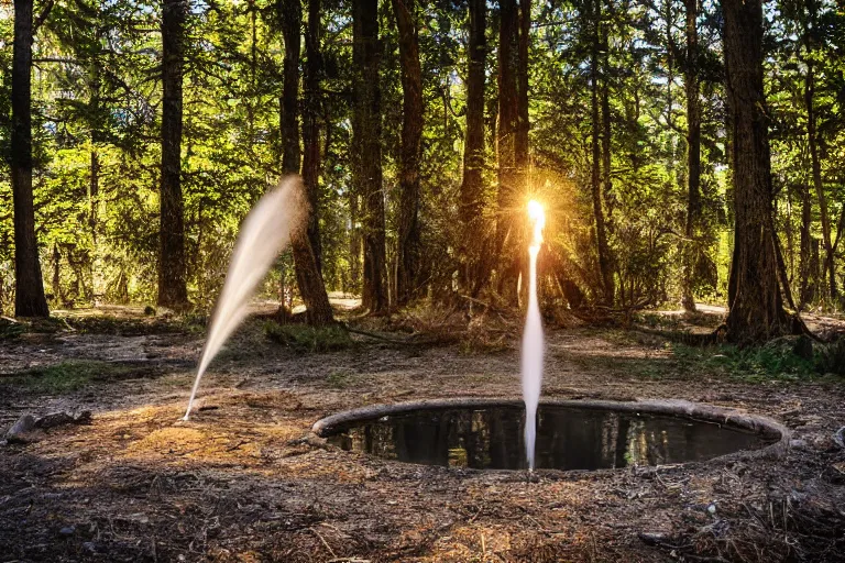 Prompt: shot fountain in a three in the middle of the forest, very detailed, winning award photo, canon photo, professional photo, golden hour