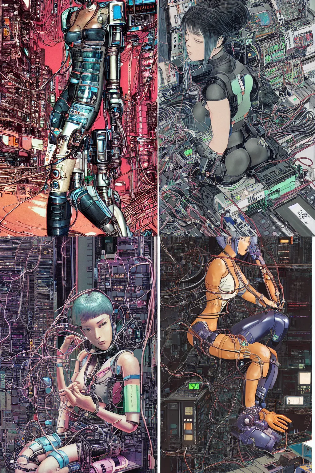 Prompt: an hyper-detailed cyberpunk illustration of a female android seated on the floor in a tech labor, seen from the side with her body open showing cables and wires coming out, by masamune shirow, and katsuhiro otomo, japan, 1980s, centered, colorful, motoko kusanagi