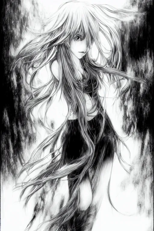 Prompt: a vertical portrait of a character in a scenic environment by Yoshitaka Amano, black and white, dreamy, (cybernetic), wavy long black hair, highly detailed