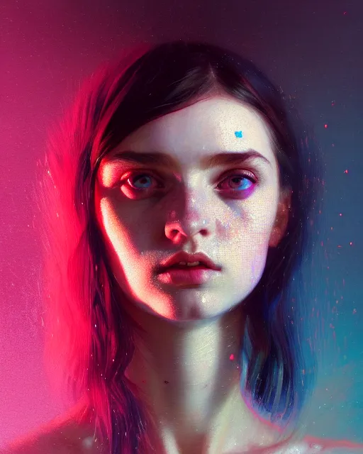 Image similar to young glitched woman, beautiful girl, close up portrait, bright, highkey, realistic, serov, surikov, vasnetsov, repin, kramskoi, uplight, insanely detailed, charlie bowater, tom bagshaw, octane rendered,, 8 k, unreal engine, illustration, trending on artstation, masterpiece