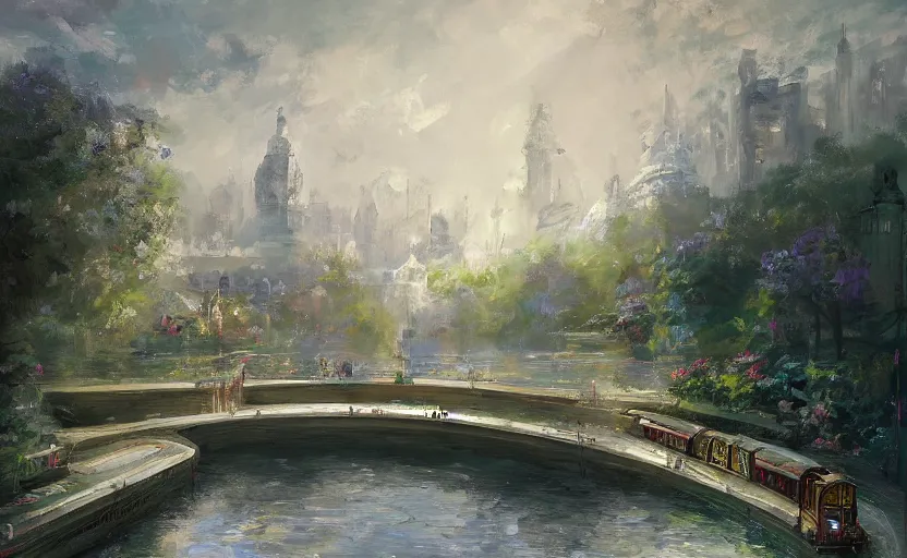 Image similar to An urban train rides inside of a waterway on a fantasy city, next to a fountain and a mystical palace. By Konstantin Razumov, Fractal flame, chiaroscuro, highly detailded