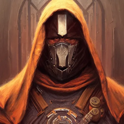 Prompt: the hooded doomslayer as a realistic d & d fantasy cultist, closeup portrait art by donato giancola and greg rutkowski, vintage retro, realistic face, digital art, trending on artstation, symmetry!!