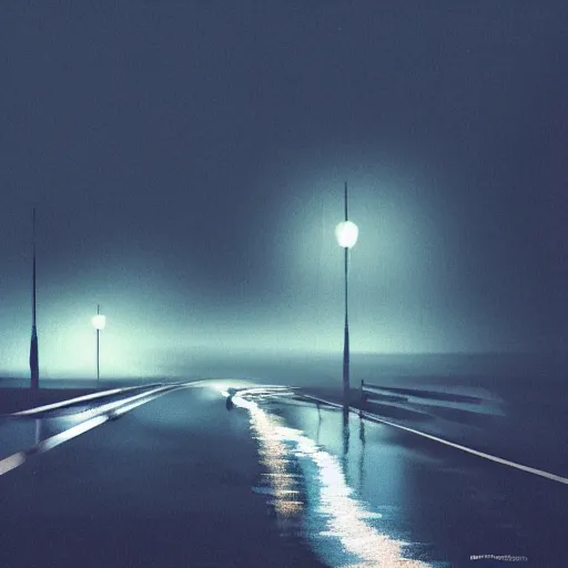 Image similar to dimly lit road at night after rain that leads to a small cozy beach, desaturated, photorealistic, beautiful, sharp, highly detailed, artstation, pixvy