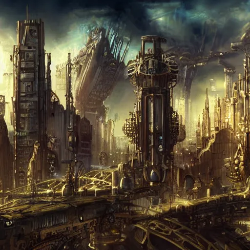 Prompt: a steampunk futuristic city, cinematic landscape, detailed