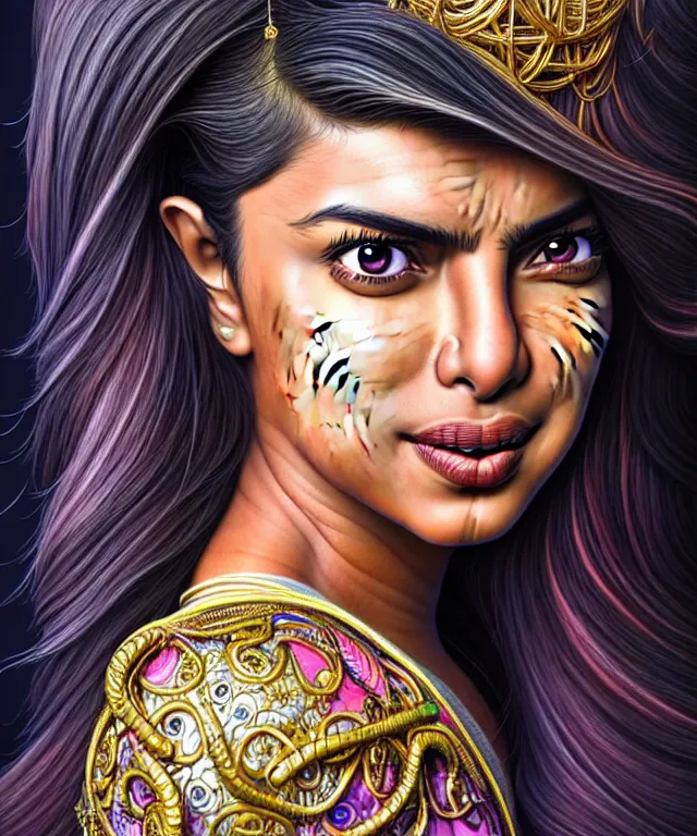 Image similar to Portrait of Priyanka Chopra , D&D, fantasy, intricate, richly detailed colored pencil 3D illustration of a beautiful with long metallic hair wearing a hoodie and short shorts that is evil and happy. mirrored background with completely rendered reflections, art by Range Murata and Artgerm highly detailed, digital painting, trending on artstation, sharp focus, illustration, style of Stanley Artgerm, perfect smile and tooth