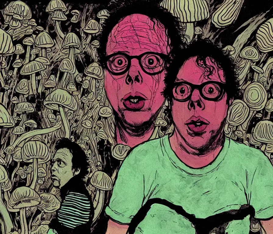 Prompt: todd solondz tripping on mushrooms and becoming god | vivid colors : storyboard, realistic. by gabriel hardman, joe alves, j. todd anderson, chris bonura. cinematic atmosphere, detailed and intricate, perfect anatomy