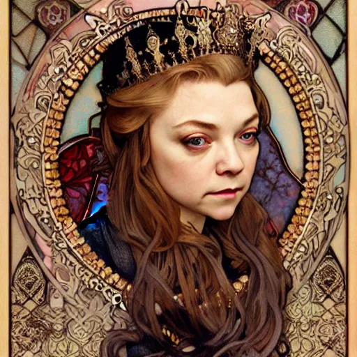 Prompt: realistic detailed face portrait of Natalie Dormer as Queen Elizabeth Tudor by Alphonse Mucha, Ayami Kojima, Amano, Charlie Bowater, Karol Bak, Greg Hildebrandt, Jean Delville, and Mark Brooks, Art Nouveau, Neo-Gothic, gothic, rich deep moody colors