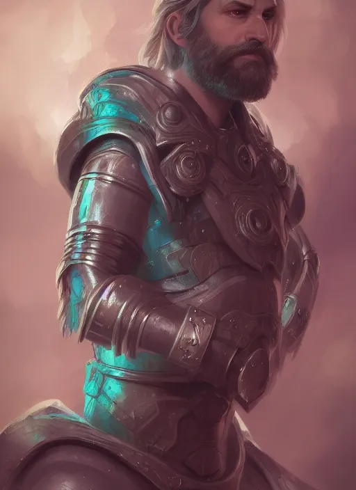 Image similar to an epic fantastic realism comic book style portrait painting of an aasimar paladin, male, shaggy silver hair, short brown beard, d & d concept art, unreal 5, daz, teal aesthetic, octane render, cosplay, rpg portrait, dynamic lighting