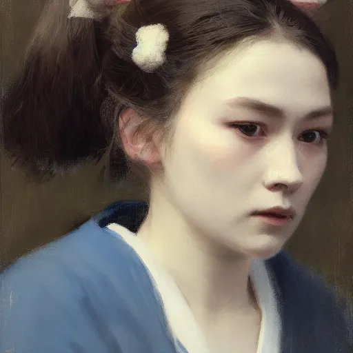 Image similar to girl with pigtails, in kimono, closeup portrait frontview, ethereal, jeremy lipking, tim rees, joseph todorovitch