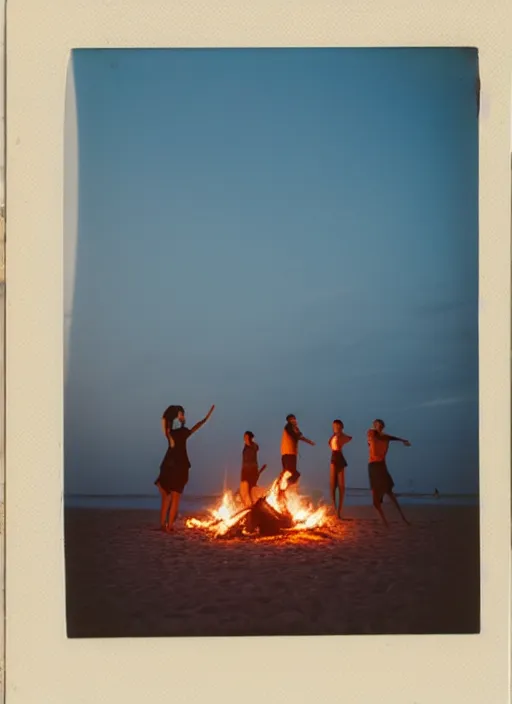 Image similar to photograph of people dancing around a bonfire on the beach, flash polaroid, golden hour