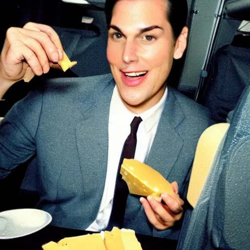 Image similar to a tall attractive man with slicked back brown hair eating cheese on an airplane