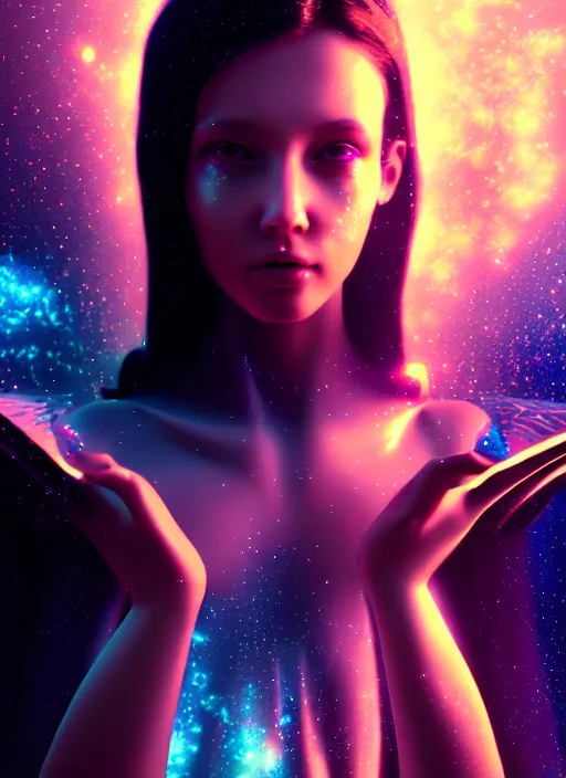 Prompt: portrait of beautiful angel girl with wings like a galaxy in space holding the universe in her hands, cyberpunk, 3 d render, hyper realistic detailed, scifi, fantasy, octane render, concept art