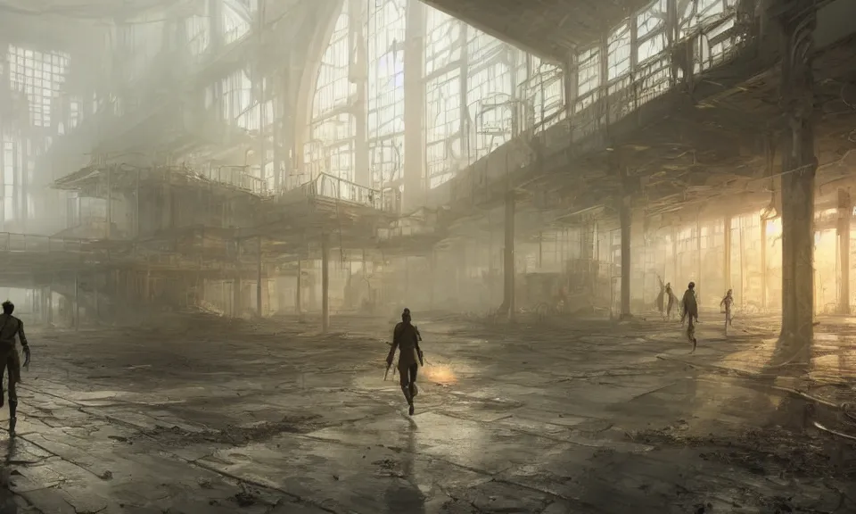 Prompt: A highly detailed 4K fantasy matte painting of an adventurer walking through an abandoned industrial factory, volumetric sun rays and dust, Thomas Kinkade, Greg Rutkowski, ArtStation, CGSociety, Unreal Engine