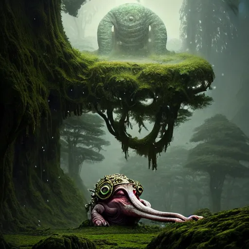 Prompt: ancient giant fallen god, lush trunda vegetation, snow :: by Michal Karcz, Daniel Merriam, Victo Ngai and Guillermo del toro :: ornate, dynamic, particulate, intricate, elegant, highly detailed, centered, artstation, smooth, sharp focus, octane render, 3d