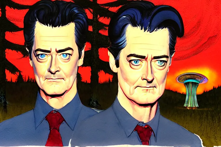 Image similar to a hyperrealist watercolour character concept art portrait of kyle maclachlan from twin peaks on well lit night in the forest with city lights. a ufo is in the background. by rebecca guay, michael kaluta, charles vess and jean moebius giraud