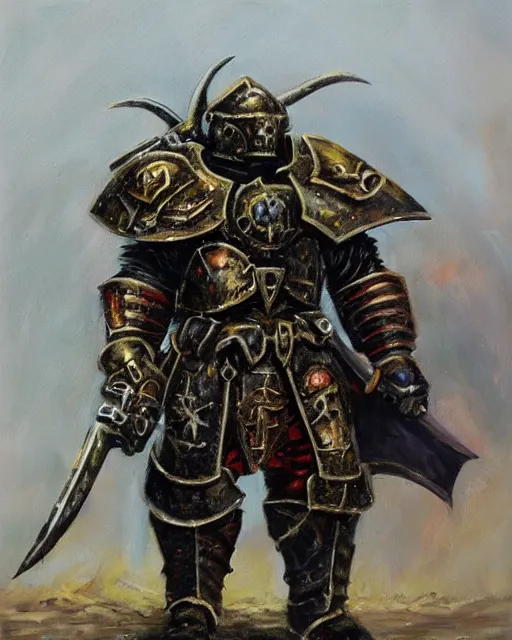 Prompt: an oil painting of heavily armoured warhammer chaos warrior