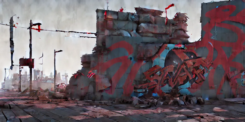 Image similar to graffiti in the style of ian mcque, brian sum, jamie hewlett, battlescared, damaged, hyperrealism, hyperrealistic, redshift render, hard surface modeling,