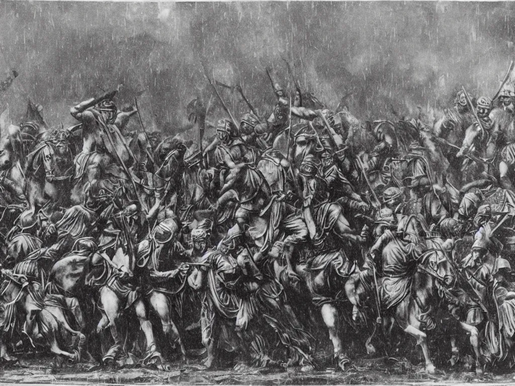 Prompt: column of roman soldiers in rain attacking in New York city