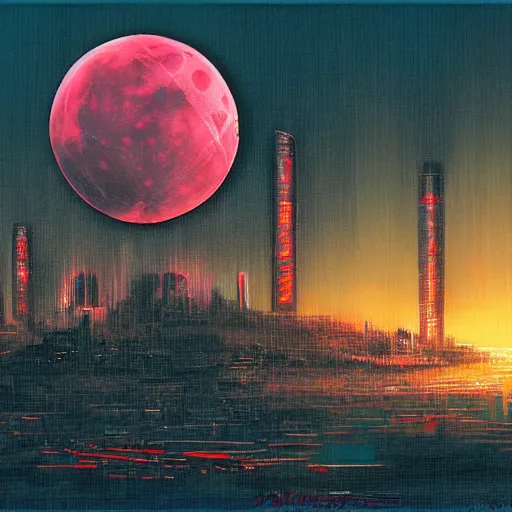 Image similar to surreal, nuclear blast and a full red moon eclipse, cyberpunk, art by jeff lyons, bryen frost