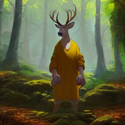 Prompt: concept art painting of an anthropomorphic humanoid elderly chubby doe deer wearing yellow robes, in the deep forest, realistic, detailed, cel shaded, in the style of makoto shinkai and greg rutkowski and james gurney