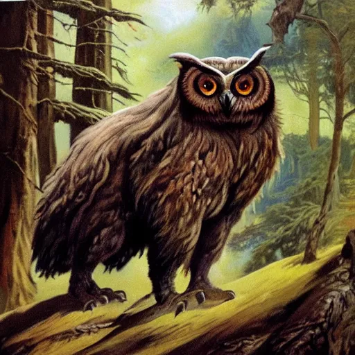 Image similar to three quarter portrait of an owlbear in the forest, d & d, fantasy, frank frazetta,