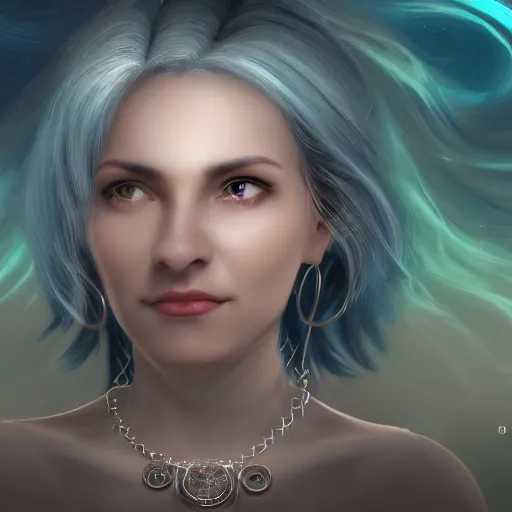 Prompt: **a beautiful woman with gray hair wearing a necklace and rings , 8K resolution, astral, aurora, hyperdetailed, serene, Mystic, trending on Artstation, Unreal Engine, digital art, soft focus, wide-angle lens**