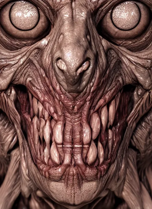 Image similar to monster anatomy face, closeup, dom qwek, john howe, anatomical, highly detailed sculpture, intricate detailed, ommatidia, 8 k, cinematic atmosphere, post - processing