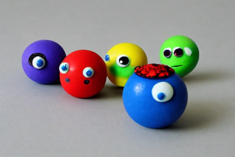 Prompt: cute spherical monsters representing fundamental particles, made of FIMO, trending on artstation