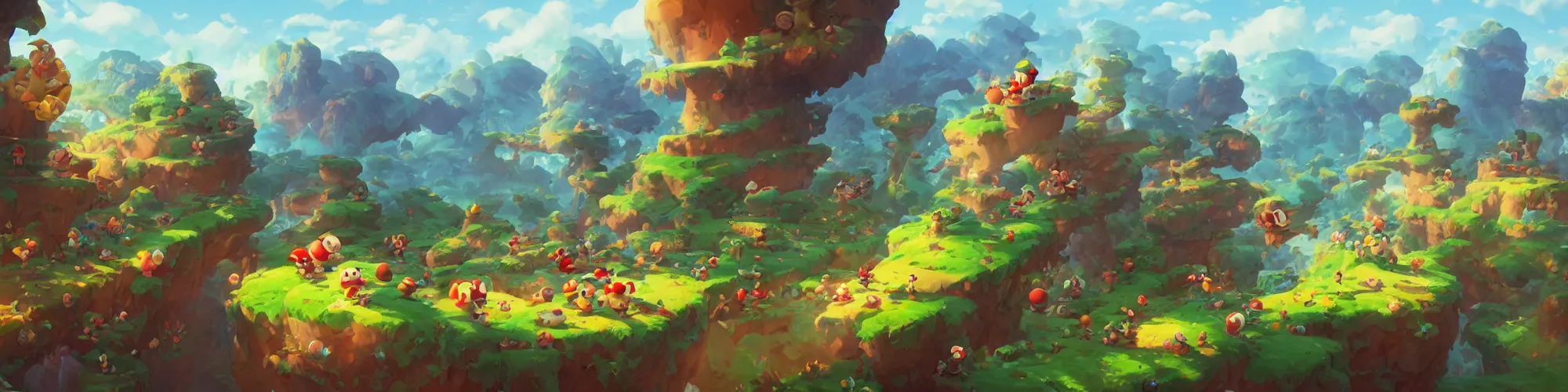 Image similar to 3 6 0 panoramic dynamics matte painting acrylic blur oil wonderland marioworld yoshi kurbi dofus, hight contrast, overlay layer photoshop, behance hd by jesper ejsing, by rhads, makoto shinkai and lois van baarle, ilya kuvshinov, rossdraws global illumination