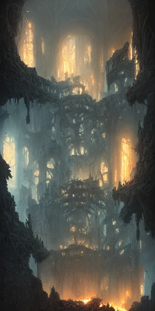 Image similar to Detailed Interior of the Burning Castle Ruins, Embers, Smoke billows, destruction walls, the ashen throne, bats flock, stunning atmosphere, in Style of Peter Mohrbacher, cinematic lighting