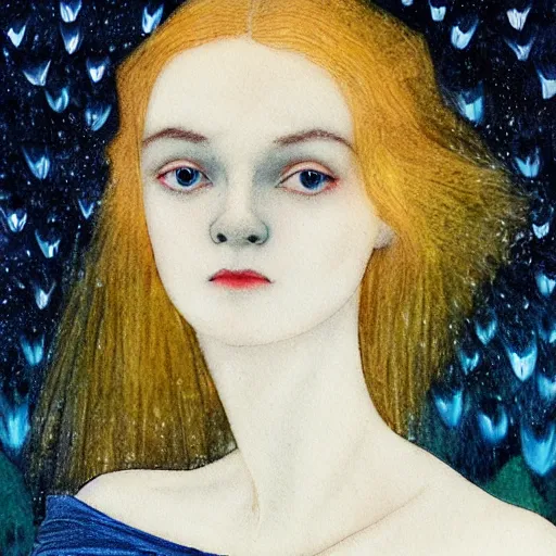 Prompt: professional painting of Elle Fanning in the style of Edmund Dulac, head and shoulders portrait, symmetrical facial features, smooth, sharp focus, illustration, intricate, stormy weather, extremely detailed masterpiece,