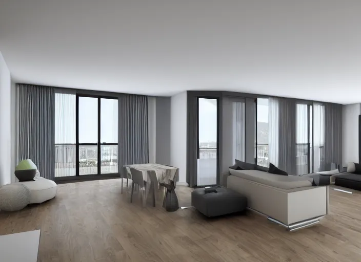 Image similar to 3 d render of a modern open plan apartment interior, floor to ceiling windows, 4 k