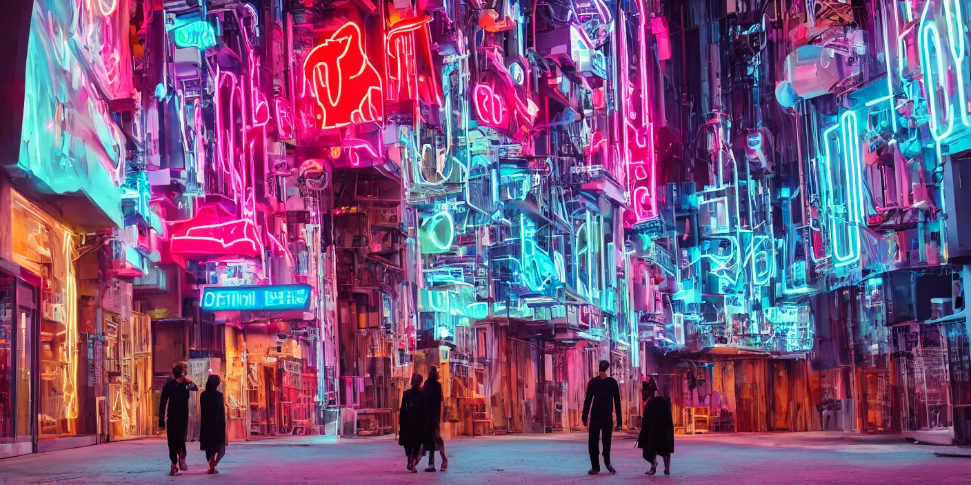 Prompt: A couple walks on the streets of a futuristic city having neon signage on building, intricate, detailed, aesthetic, vibrant, unique, realistic, candid