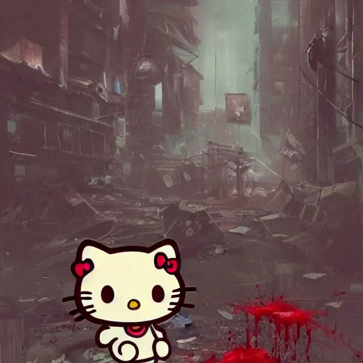 Prompt: hello kitty drenched in blood in a post - apocalyptic dystopian destroyed cityscape, digital art, artstation, high resolution