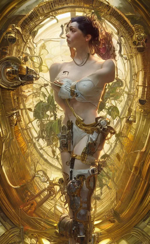 Image similar to hyper realistic time machine, cyberpunk, design on white background, beautiful details, lush foliage cyberpunk, gold, drawn by john singer sargent, tom bagshaw, norman rockwell, alphonso mucha, lolish, trending on artstation