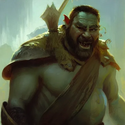 Image similar to well - groomed orc bard, goatee, bald, thoughtful expression, fantasy character portrait by greg rutkowski, gaston bussiere, craig mullins