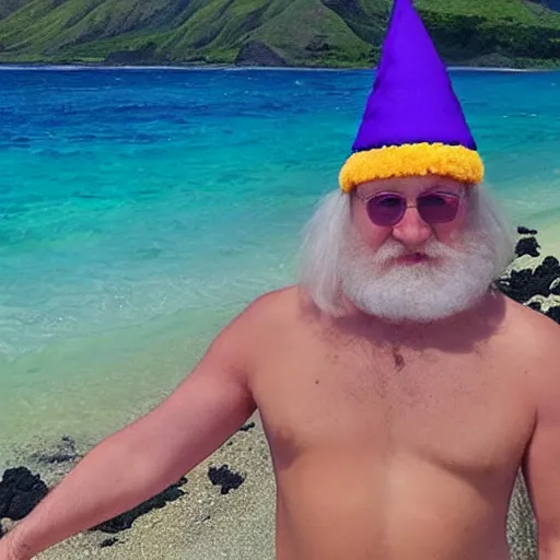 Image similar to instagram vacation photo of dumbledore the wizard wearing his wizard hat and wizard swim trunks at hawaii