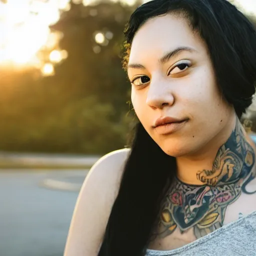 Prompt: gorgeous portrait of a young woman with tattoos who works for the oakland museum of california, golden hour