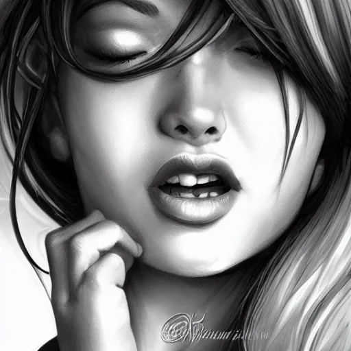 Prompt: the mouth a bit open, eyes half closed, when gentile aroused a smile. by artgerm