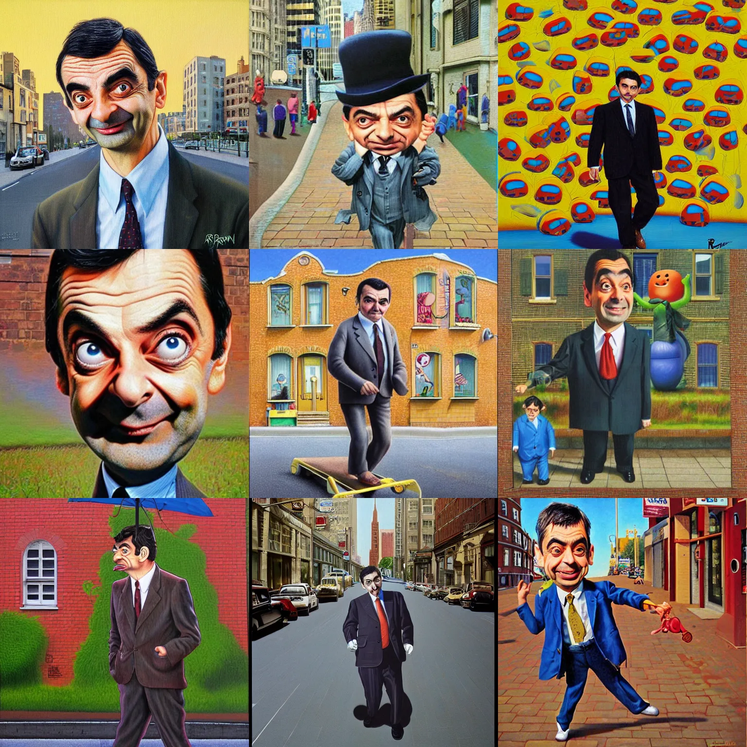 Prompt: mr. bean walks down a street on a sunny day by ron english