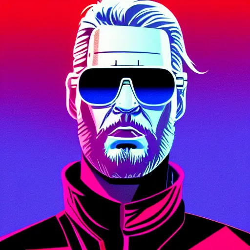 Image similar to 3 / 4 view closeup portrait of geralt of rivia with light blue shutter shades in front of a sunset, a dark purple leather jacket, vector art by jan tengnagel, pixabay contest winner, retrofuturism, retrowave, synthwave, outrun, portrait, synthwave