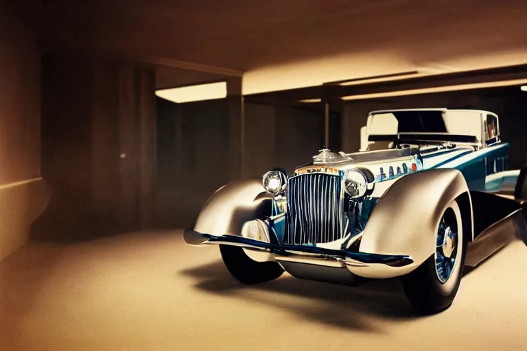 Image similar to single 2022 duesenberg concept, inside of a minimalist Tokyo garage, ektachrome photograph, volumetric lighting, f8 aperture, cinematic Eastman 5384 film