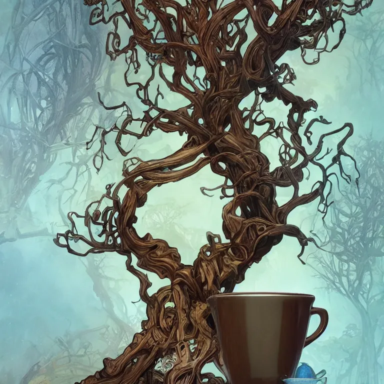 Image similar to a twisted tree of life growing from a mug of hot chocolate, concept art, by Peter Mohrbacher and Alphonse Mucha, detailed, style, 8k, trending on artstation, unreal engine 4k, detailed, clean background trending, full shot, symmetrical portrait, sophisticated, Unreal engine, dystopia, anti-utopia, post processing, psychadelic