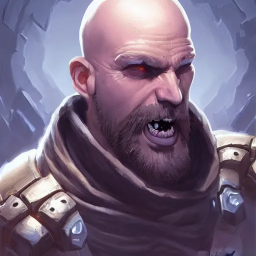 Prompt: bald man with no eyes, activision blizzard style, hearthstone style, darksiders art style, greg rutkowski style