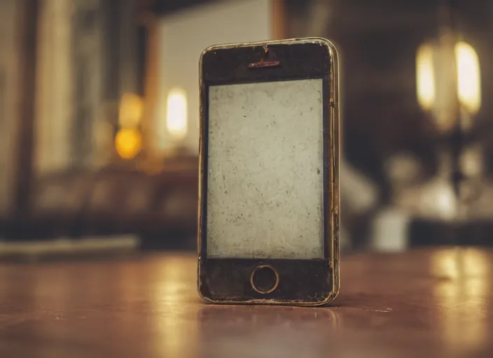 Image similar to photo still of an iphone from 1 9 2 0 with decoration from the year 1 9 2 0, in a room from 1 9 2 0, 8 k, studio lighting bright ambient lighting key light, 8 5 mm f 1. 8