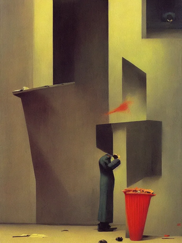 Image similar to magician with a trash over his head praying to a trash bin Edward Hopper and James Gilleard, Zdzislaw Beksinski highly detailed